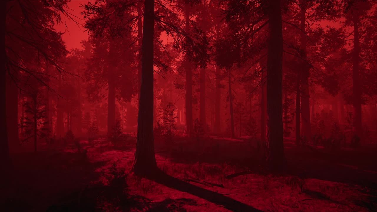 Red Woods Black Sky Grey Clouds White Lightening