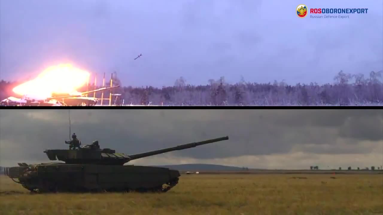 Russian T-72B3M tank with mounted Arena-M APS defence system intercepting an incoming missile!