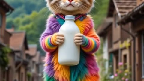 "Cutest Rainbow Kitten in Bee Coat & Milk Bottle Magic!"