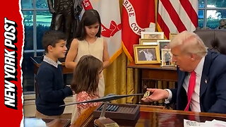President Trump greets kids visiting Oval Office