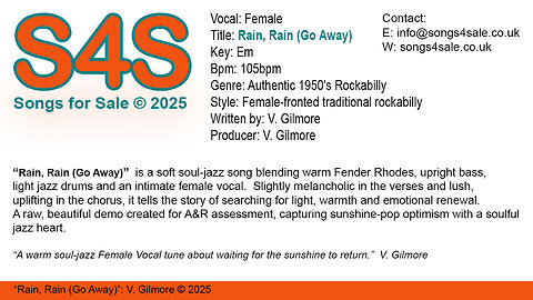 Rain, Rain (Go Away) - (Key Em) 105bpm (2025) S4S (Songs 4 Sale) for Female Vocal