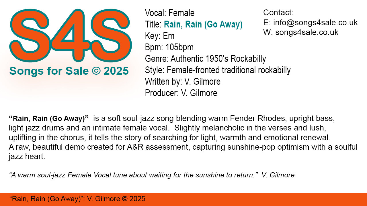 Rain, Rain (Go Away) - (Key Em) 105bpm (2025) S4S (Songs 4 Sale) for Female Vocal