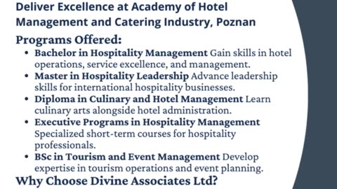 Excel in Hospitality, Culinary Arts & Tourism with Divine Associates Ltd at AHMCI Poznan