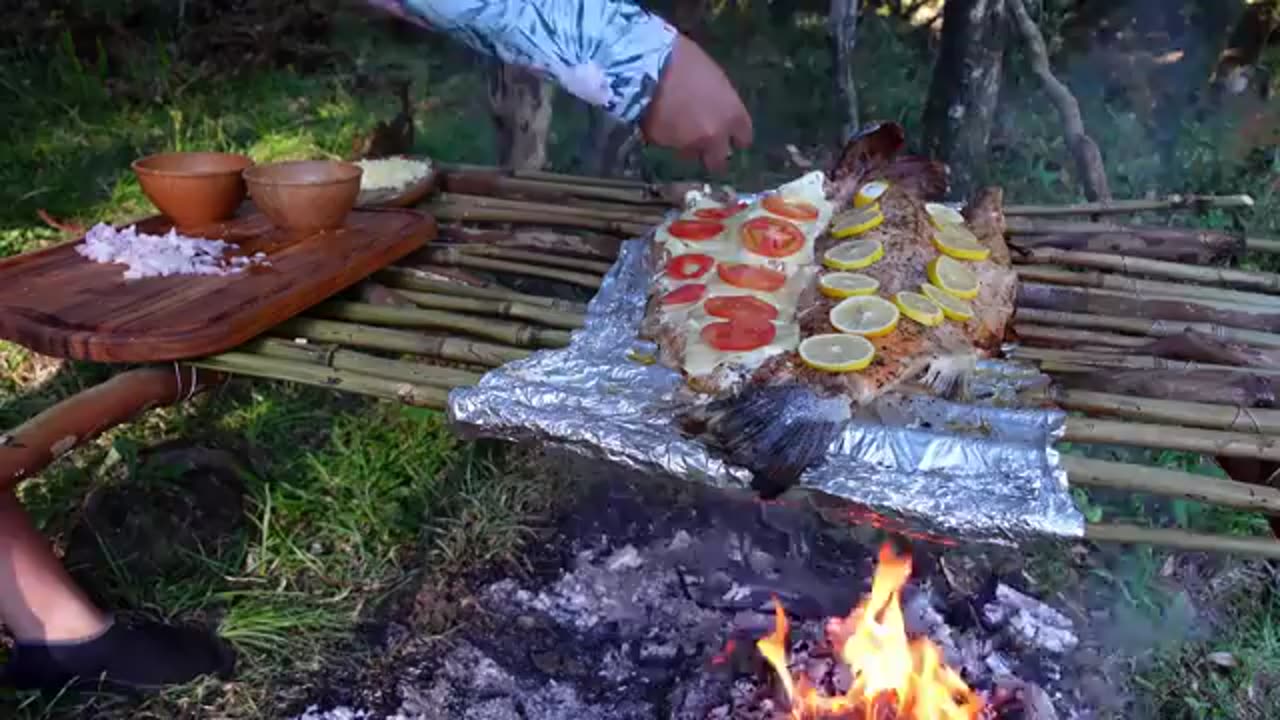 ASMR Cookind outdoors - I turned a salmon into an 8kg pizza