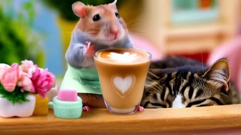 Tiny Hamster Barista Makes Latte for Sleepy Cat 5