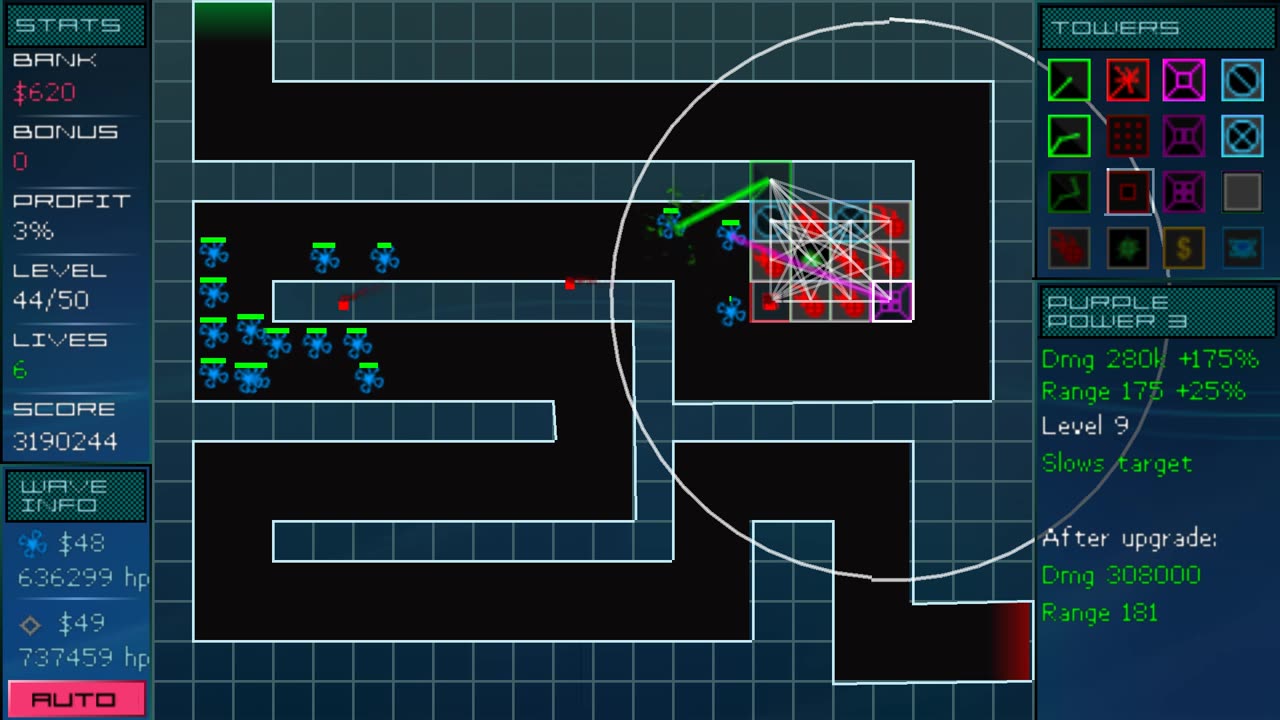 Vector TD: map BEGINNER: SWITCH BACK. Tower defense, playing PSP on Linux, through Lutris - PPSSPP