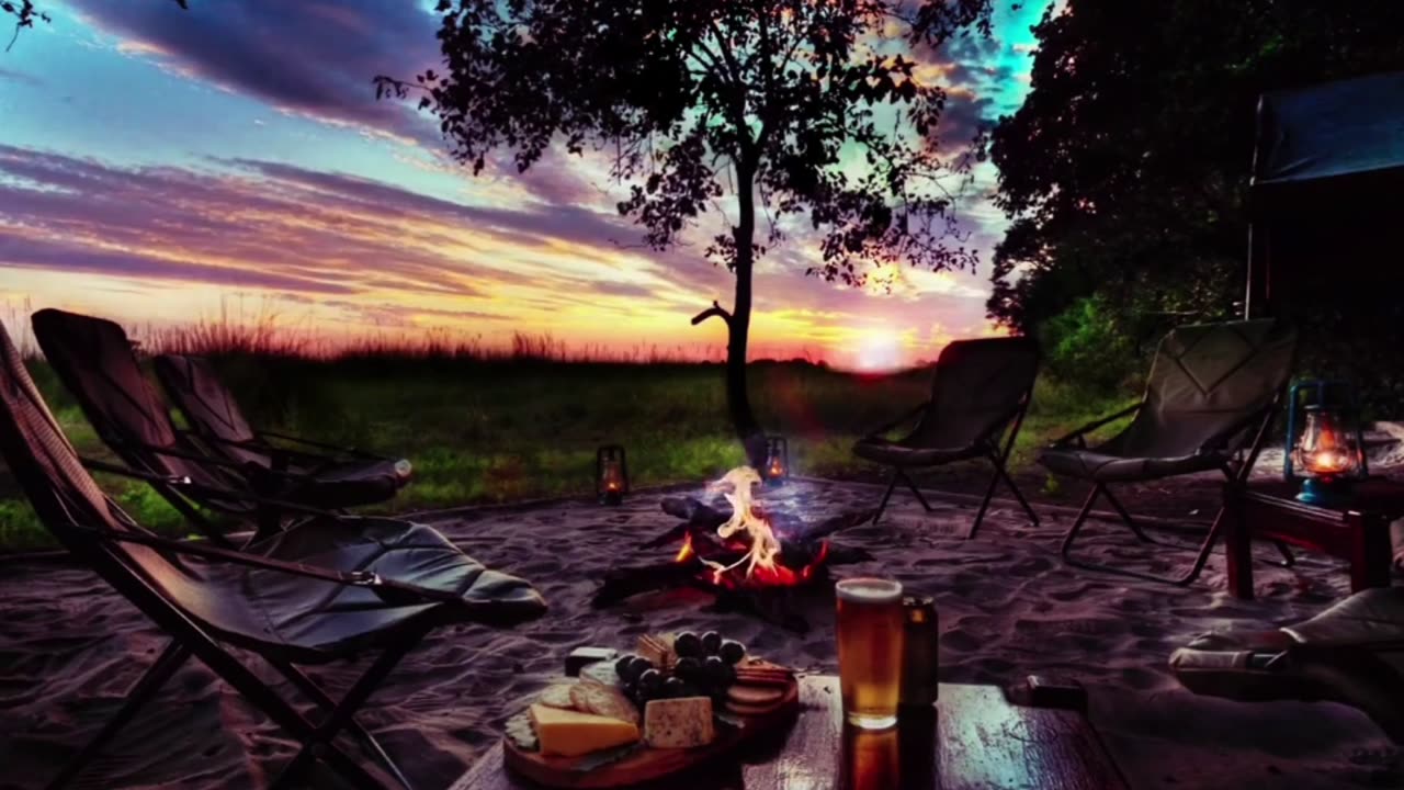 Peaceful Sunset in the Forest with Fire and Birds