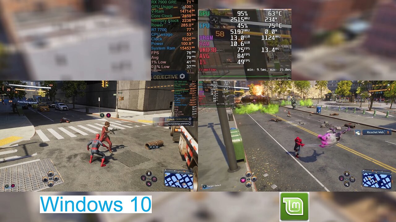 Marvel's Spiderman 2 Windows 10 Pro Vs Linux Mint Comparison -No Commentary- Dual Booted PC