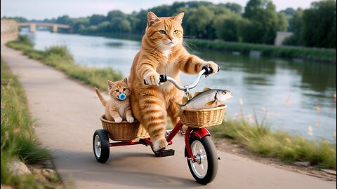 Mama Cat Rides Bike with Kitten to the River Catches Fish_ Heads Home to Cook Fish for Her Kitten
