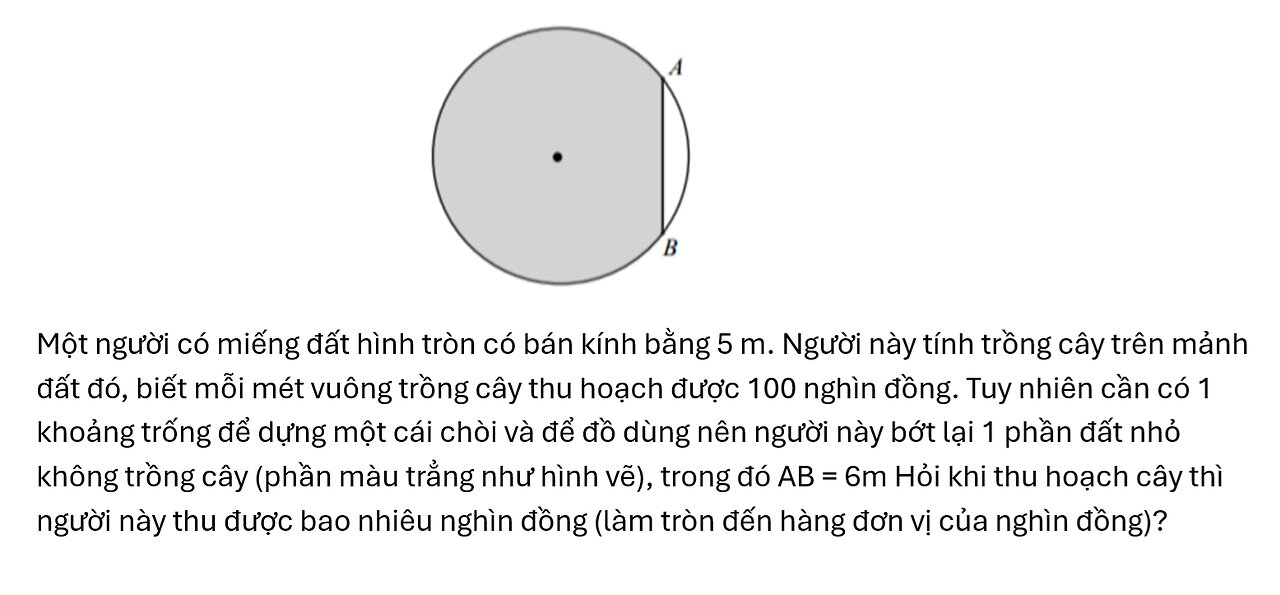 Toán 12: Một người có miếng đất hình tròn có bán kính bằng 5 m. Người này tính trồng cây