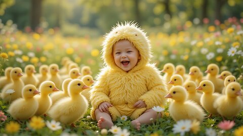 Cuteness Overload: Baby Surrounded by Fluffy Ducklings! 🦆💖🌼