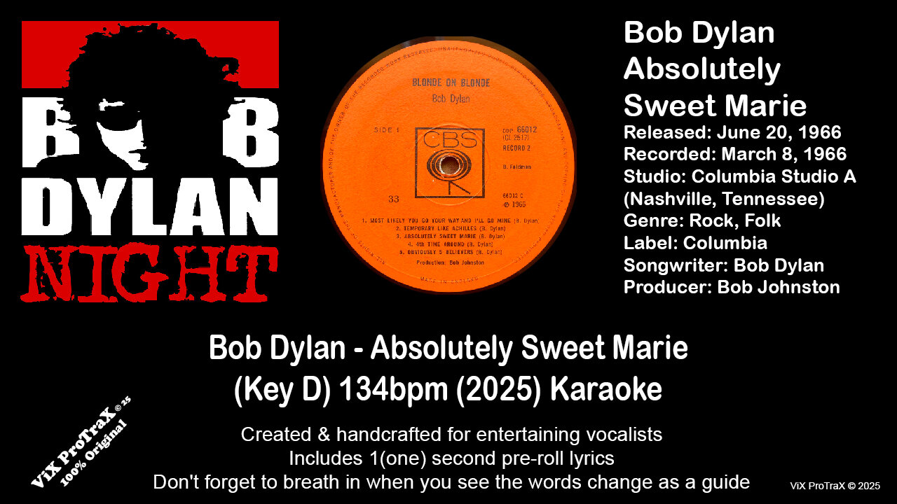 SingLikeBob - Bob Dylan - Absolutely Sweet Marie (Key D) 134bpm (2025) Karaoke
