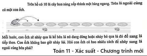 Trên hồ có 10 lá cây hoa súng xếp thành một hàng ngang. Trên lá ngoài cùng có một con ếch.