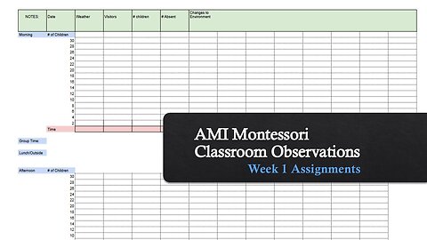 AMI Montessori Classroom Observations: Week 1 Assignments + Daily Observation Charts + Note Taking