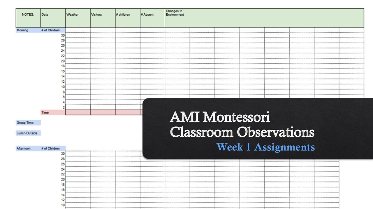 AMI Montessori Classroom Observations: Week 1 Assignments + Daily Observation Charts + Note Taking