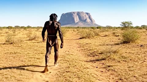 A wild boar encounter a neanderthal man