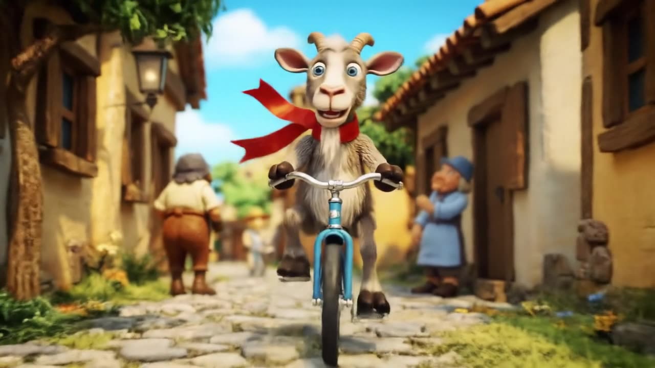 A goat rides a bicycle through the village.