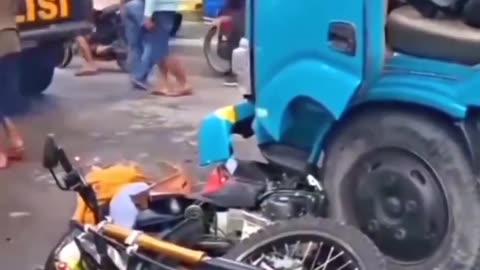 "Shocking Truck Crash | Bike Rider Stuck Between Two Trucks"