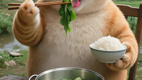 The orange cat who has no job and no money to buy food, eats vegetarian food