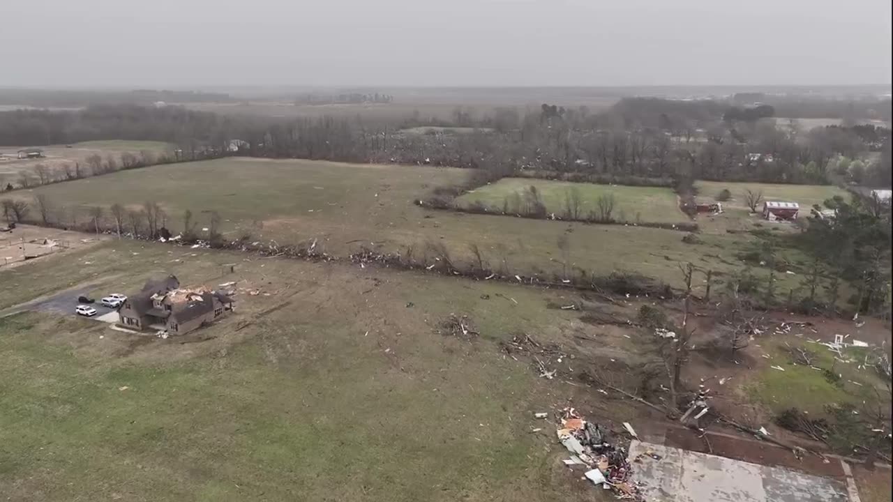 Aerial footage of the tornado damage in Diaz, Arkansas.