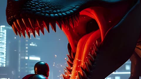 A knight about to be eaten by a dinosaur machine