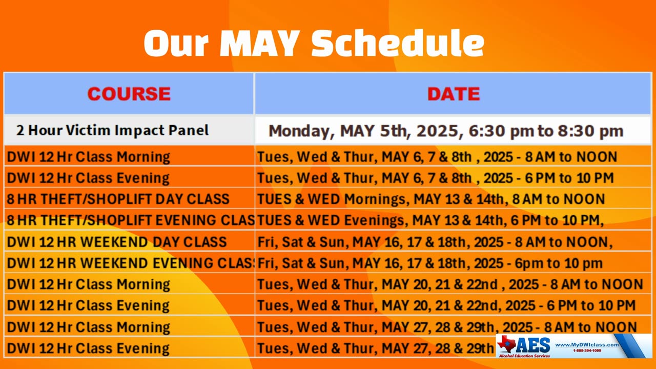 AES DON'T MISS THE LAST WEEKEND DWI CLASS UNTIL JULY