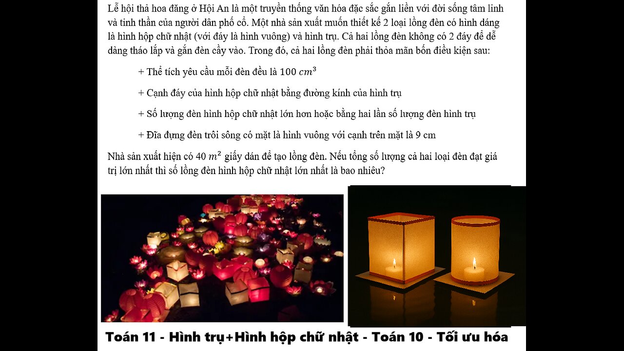 Toán 11-10: Hình hộp-trụ - Tối ưu hóa: Lễ hội thả hoa đăng ở Hội An là một truyền thống văn hóa đặc