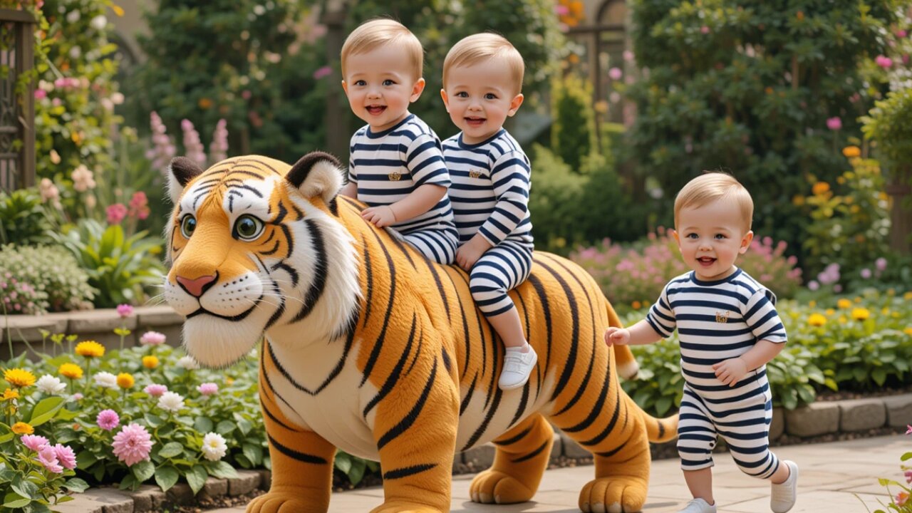 Playful Twins and Their Tiger Friend: Pure Joy! 🐅💕👶