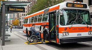 GM Low Floor 1970 Citybus With a Wheel Chair Ramp And Bike Racks Driving In 2025