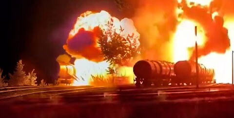 Horrific moment of explosion in fuel-filled wagons in Russia_ railway destroyed