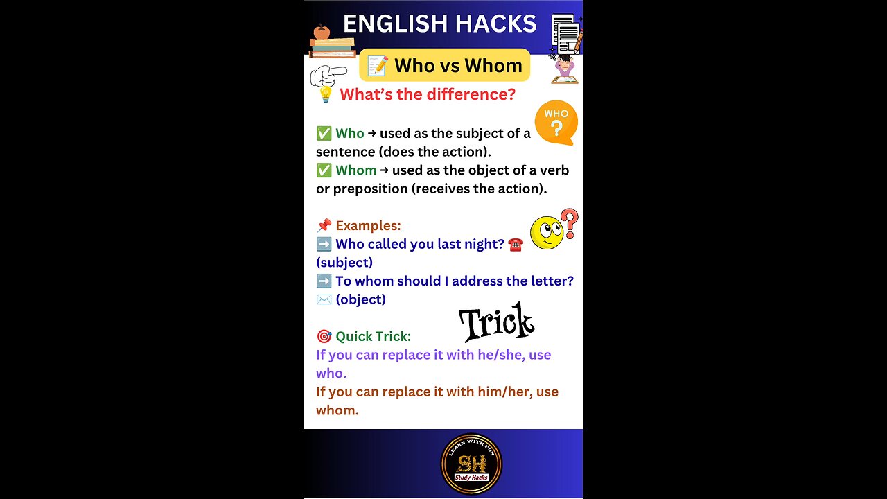 Who vs Whom - know all about it using example and trick #studyhacks123 #english #shorts #tricks