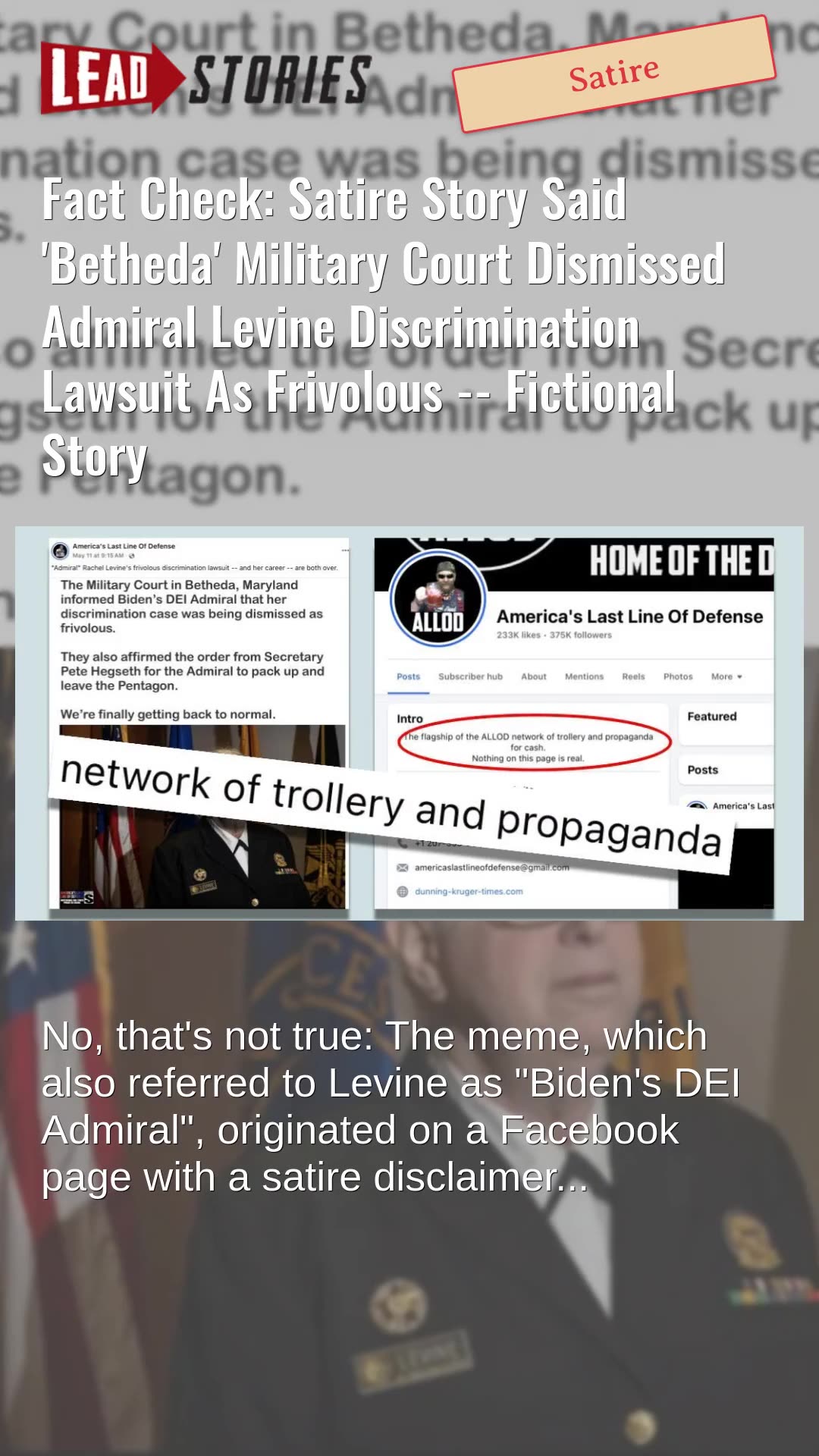 Fact Check: Satire Story Said Betheda Military Court Dismissed Admiral Levine Lawsuit