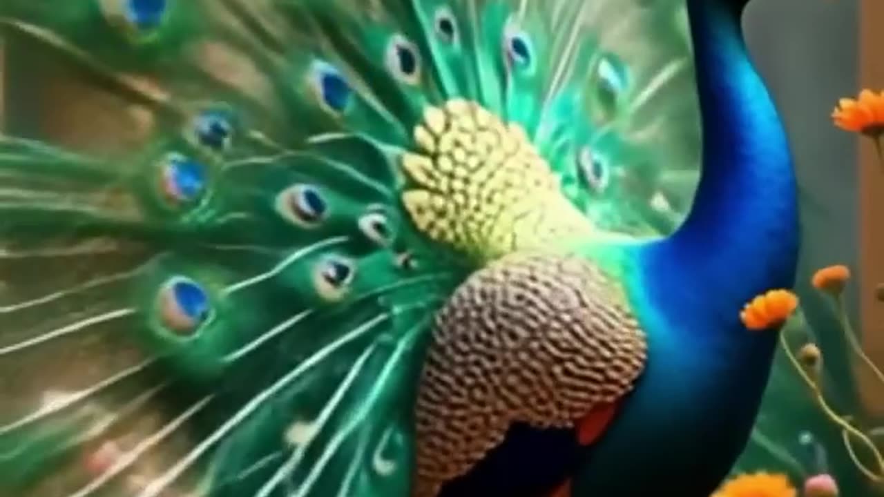 AI video: Majestic_3D_Peacock_in_a_Vibrant_Botanical_Garden
