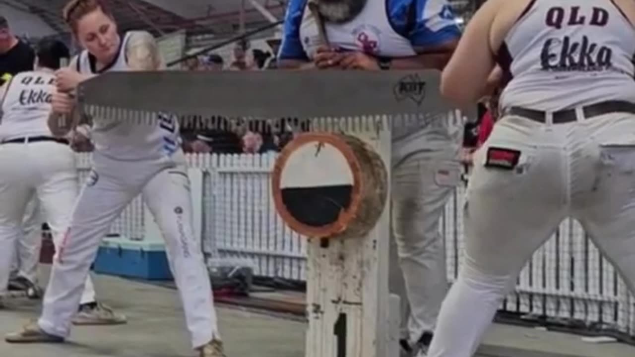Tree log cutting competition for ladies! 💪🌲 They make it look so effortless, but is it really? 🤔🔥