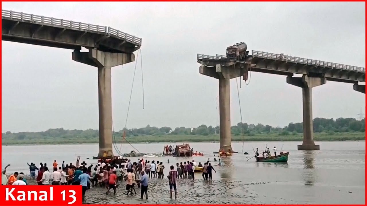 Bridge collapse kills nine in India's Gujarat state as trucks and rickshaw plummet into river