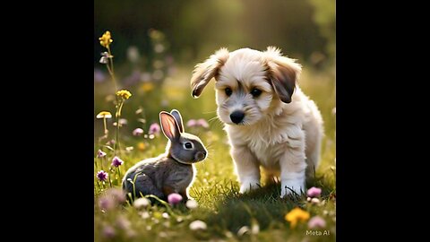 puppy and rabbit playing together