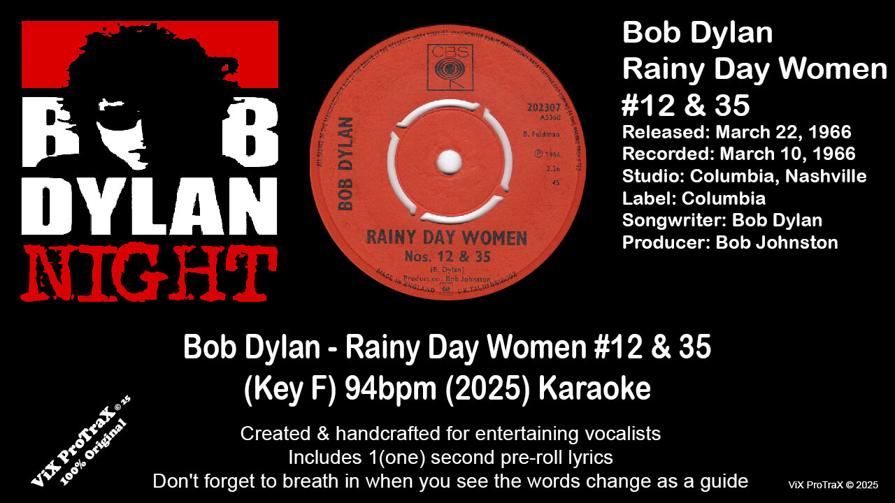 Bob Dylan - Rainy Day Women #12 & 35 (Key F) 94bpm (2025) Karaoke