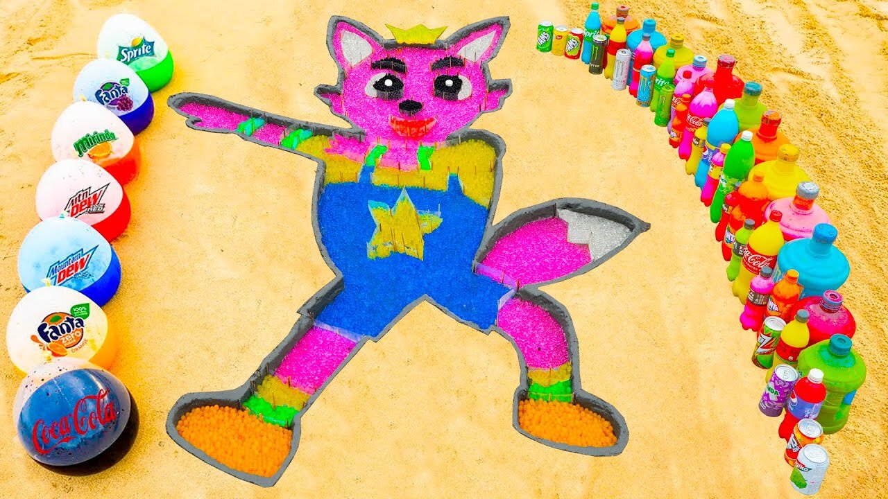 How to make Rainbow Pinkfong with Orbeez, Balloons of Fanta, 7up, Coca Cola, Mentos & Popular Sodas
