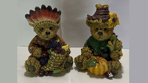 Vintage Thanksgiving Resin 4" Teddy Bear Figurines (Boyds-Style) Set of 2 (UGC)