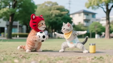 Tiger-Hat Kitten Breaks Neighbors Window with Football!