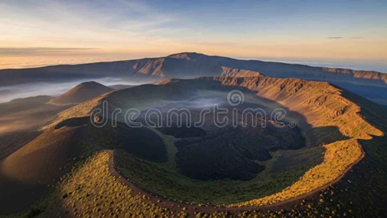 Volcano Crater Drone Video: Cinematic Sunrise Over Rugged Mountain Peaks.