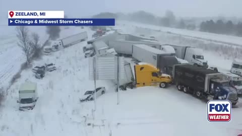 Drone video shows a massive 100+ vehicle pileup in Michigan with injuries