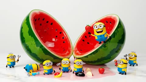Glass fruits cutting asmr with minions inside