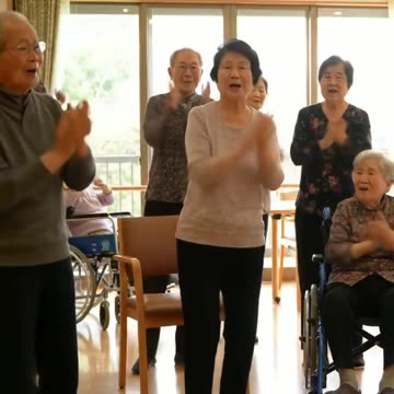 elderly people in a nursing home are singing and having fun