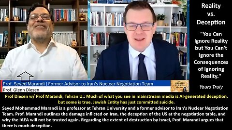 Prof Diesen w/ Prof Marandi, Tehran U.: Much of what you see in mainstream media is AI-generated deception, but some is true. Jewish Entity has just committed suicide.