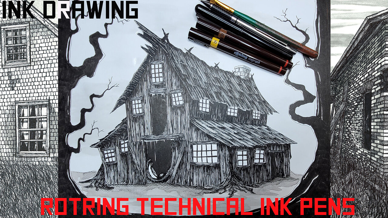 Drawing a Tim Burton Style Barn in Ink Pen | Timelapse Start to Finish