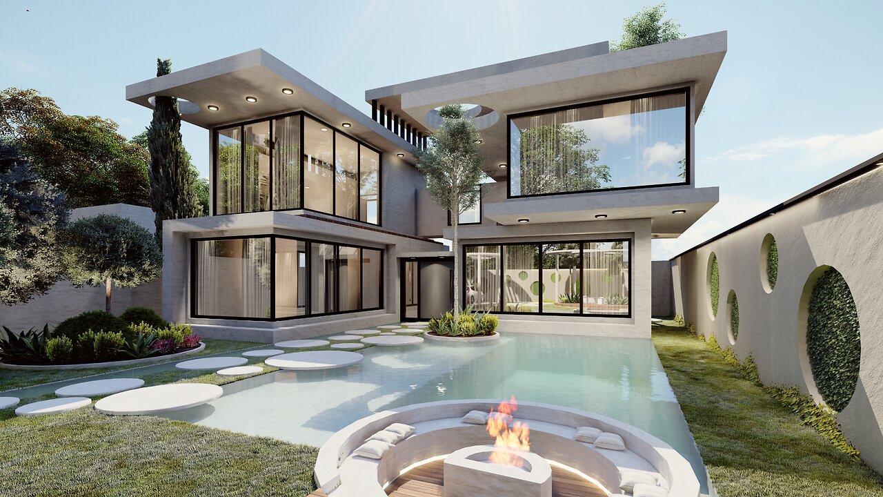 Modern Villa Design 200m² with Floating Bridge & Pool – Full Architecture Process