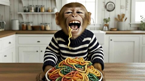 baby monkey eating rainbow noodles - so cute