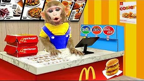 Baby Monkey KiKi goes to buy fast food at supermarket and eat yummy with puppy