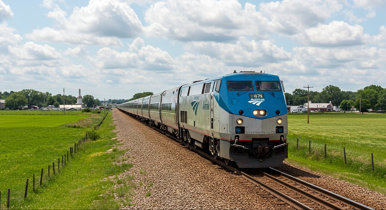The Amtrak train is driving on the train tracks